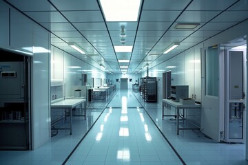 Interior of semiconductor manufacturing cleanroom with technical stations