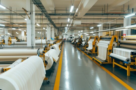 Modern textile factory floor with automated loom machines