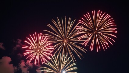 Night sky showcases a vibrant Fourth of July firework display over a bustling cityscape backdrop