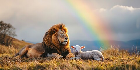 lion and lamb laying in field, rainbow 