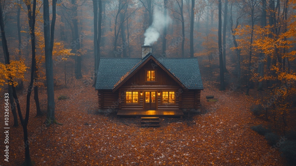 Poster a charming log cabin is surrounded by tall trees in a forest, with bright orange leaves covering the