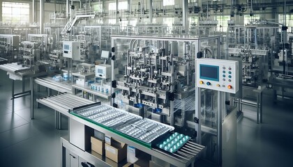Fototapeta premium Pharmaceutical packaging machine operating in a factory 