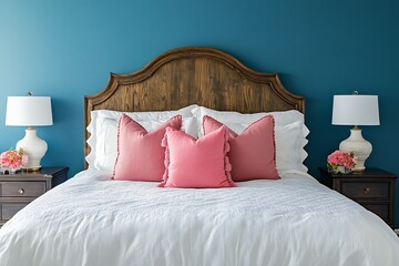 Obraz premium A bedroom with a blue wall and a white bed with a wooden headboard. The bed is made with white sheets and has peach pillows. There are two nightstands on either side of the bed, both with a lamp