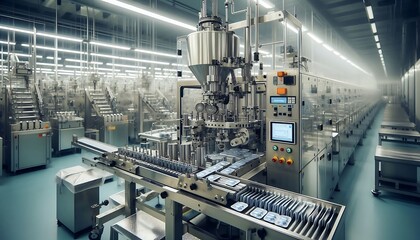 Pharmaceutical packaging machine operating in a factory
