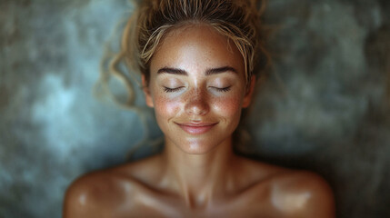 beautiful, slender woman with her eyes closed, receiving a gentle massage. The image embodies relaxation, tranquility, and self-care, highlighting the importance of well-being