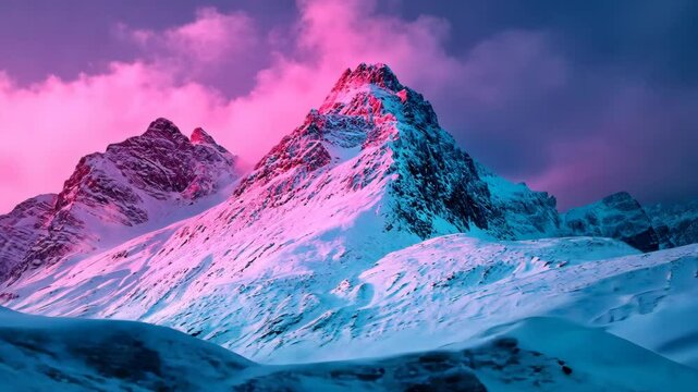 A snowy mountain range bathed in a pink and purple sunset