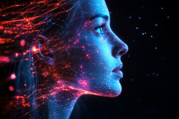 Side profile of a woman’s face in a blue and red digital glow symbolizing thought transformation and the fluid connection between technology and the human mind in a futuristic setting