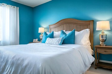 A bedroom with a blue wall and a white bed with a wooden headboard. The bed is made with white sheets and has blue pillows. There are two nightstands on either side of the bed, both with a lamp