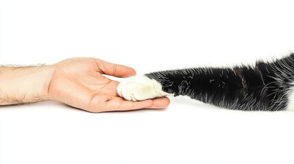 Obraz premium A human hand and a cat paw gently touch, symbolizing connection and friendship between humans and pets.