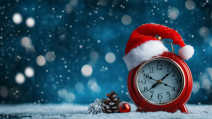 Red clock with Santa Claus hat on background with blue snow with copy space, sales, promotions, Christmas timer
