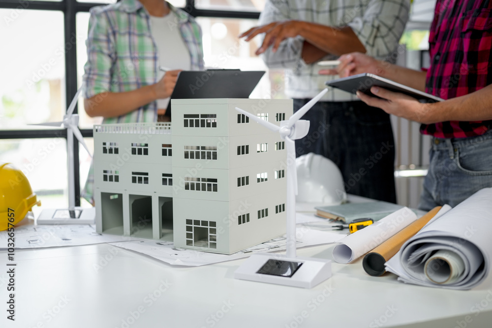 Wall mural architects team working on project of ecological modern building with wind turbine using model and l