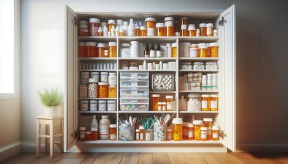 A clean and organized medicine cabinet filled with prescription bottles
