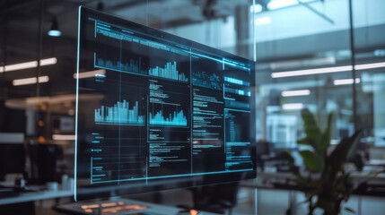 Modern office with digital interface displaying data analytics and trends during nighttime