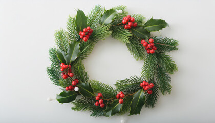 Christmas wreath of holly with red berries and fir branches on white backdrop. Holiday celebration.