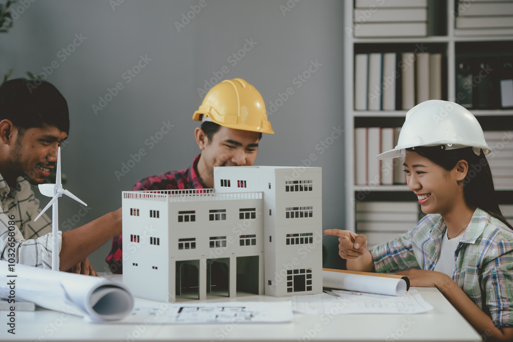Wall mural team of architects is examining a building model and discussing plans while working together in thei