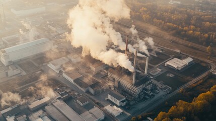 Aerial view of an industrial area with smoke emitting from chimneys.