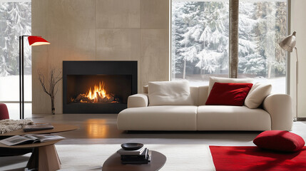 Modern sofa opposite the fireplace