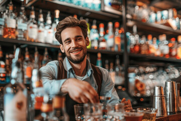 Modern Bar Cocktail Experience: Smiling Bartender Engaging with Customers for a Vibrant Night Out