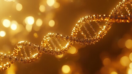 Golden horizontal background with metal model representing dna chain with blured light
