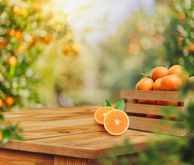 Fresh oranges in a wooden crate on a rustic table with a vibrant orchard background in natural sunligh