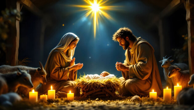 A serene nativity scene featuring Mary, Joseph, and baby Jesus in a manger, softly illuminated by candlelight, surrounded by animals. The star of Bethlehem shines brightly above
