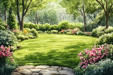 Obraz premium Tranquil Blooming Garden Oasis. Watercolor Landscape with Cozy Wicker Chairs