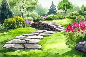Obraz premium Hand-drawn Watercolor Garden Landscape with Small Bridge and Stone Pathway