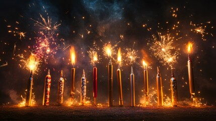 fireworks display, traditional fireworks elegantly arranged with sparklers, rockets, and roman candles on a dark background, illuminated