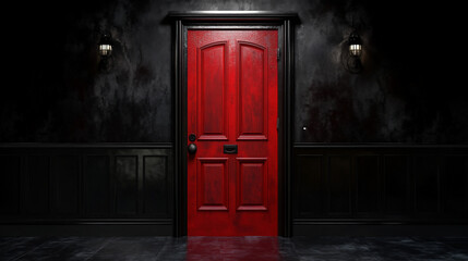Mysterious Red Door in Dark Moody Hallway

