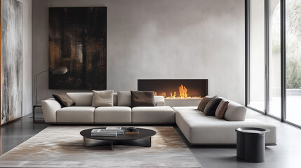 Modern sofa opposite the fireplace