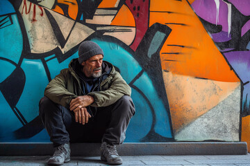 A homeless man sitting against a graffiti-covered wall, with a distant and hopeless expression on his face.