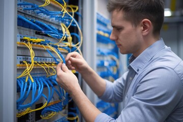 Technician Working on Network Server Cables