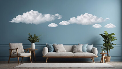Modern lounge room with cloud wall art on sky blue backdrop and wooden floors.