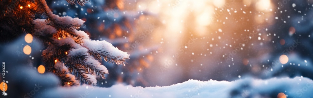 Poster a snowy forest scene at dusk with twinkling lights and gentle snowfall creating a serene winter land