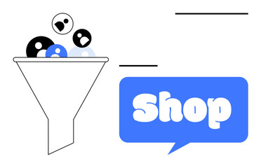 Funnel with people icons leading to speech bubble with Shop text highlights customer conversion and e-commerce concept. Ideal for digital marketing, online business, sales strategy, e-commerce