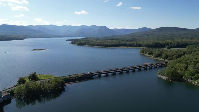ashokan reservoir promenade public park (rail trail bike lane pedestrian walking hiking path) aerial drone footage looking down (bridge, catskill mountains) catskills hudson valley upstate new york