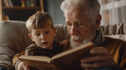 Grandfather and grandchild enjoying a quiet reading session together on the sofa.