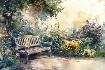 Tranquil Garden Retreat: Cozy Bench Among Ornamental Shrubs and Flowers in Watercolor Landscape
