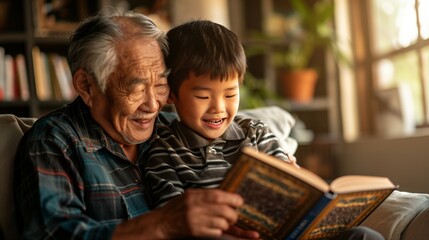 Fototapeta premium A loving scene of a grandparent nurturing a love for literature in his grandchild.