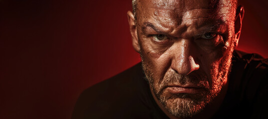 Intense Expression of Determination: Close-Up Portrait of Mature Man on Dark Red Background