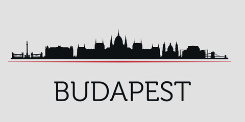 Obraz premium Black silhouette of Budapest city skyline, emphasized by red line with text. Vector on a gray background