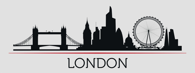 Black silhouette of London city skyline, emphasized by red line with text. Vector on a gray background © Dima
