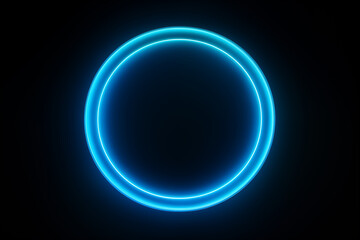 A close up of single circle made from blue neon glow light isolated on dark background