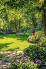 Obraz premium Tranquil Oasis: Lush Garden Retreat with Wicker Seating Set. Hand-Painted Watercolor Design