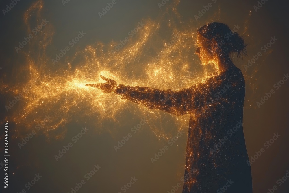 Poster mysterious figure channeling energy in glowing particles with golden light flowing from hands in an 