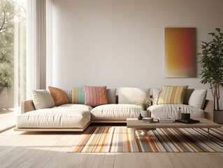 Fototapeta premium Modern living room interior with stripe elements in interior and decor. Scandinavian minimalist living room with stripes. 