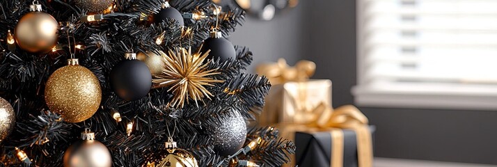 black christmas tree, gold and silver decorations 