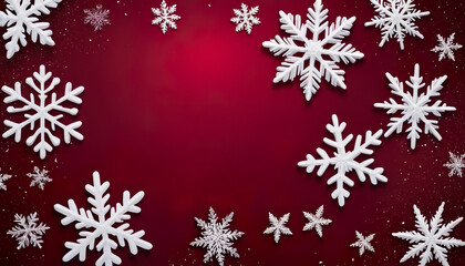 Christmas and New Year greeting card template, free space for text and big white snowflakes on the edges.