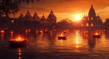 Fototapeta premium Burning candles in water for Diwali holiday, created with Generative AI technology.traditional Indian temples in the background, orange and red lights, 