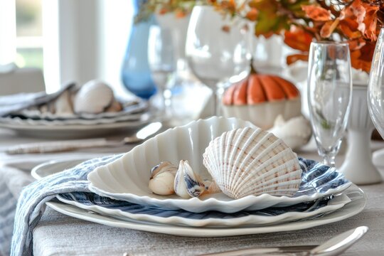 Thanksgiving with a coastal theme, featuring white and blue tones, seashell decor, and seafood dishes